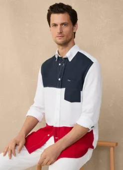 regular fit colour block linen shirt
