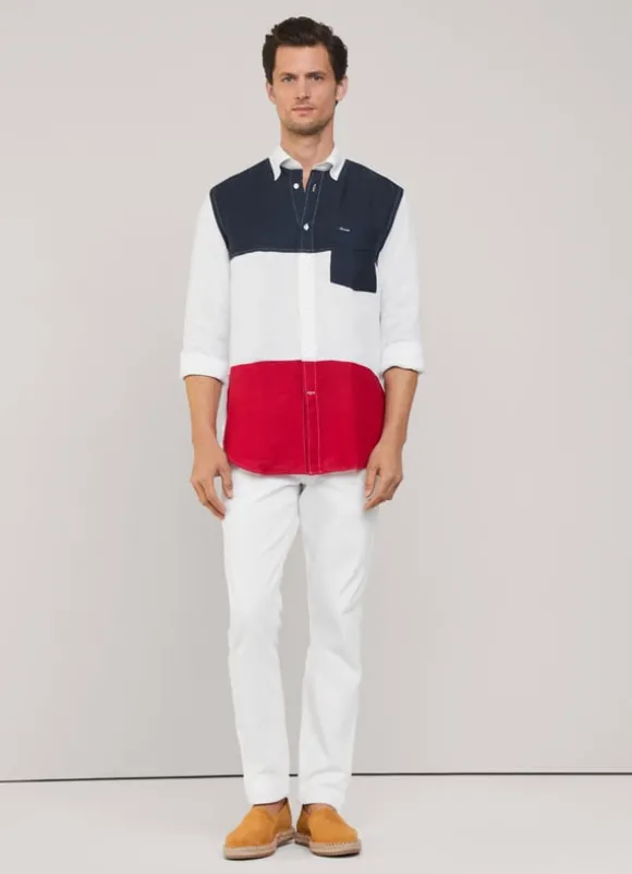 regular fit colour block linen shirt