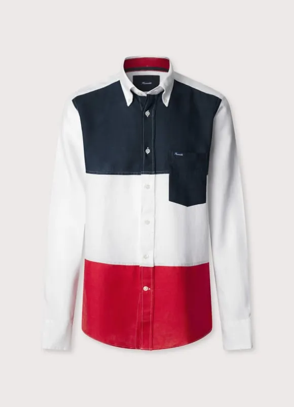 regular fit colour block linen shirt
