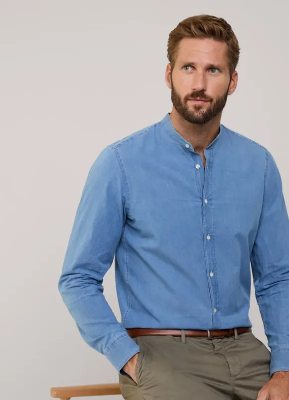 regular fit denim shirt with mandarin collar